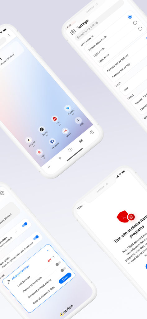 Quatro telas de iPhone mostrando recursos do Norton Private Browser, como Web Shield e configurações de privacidade