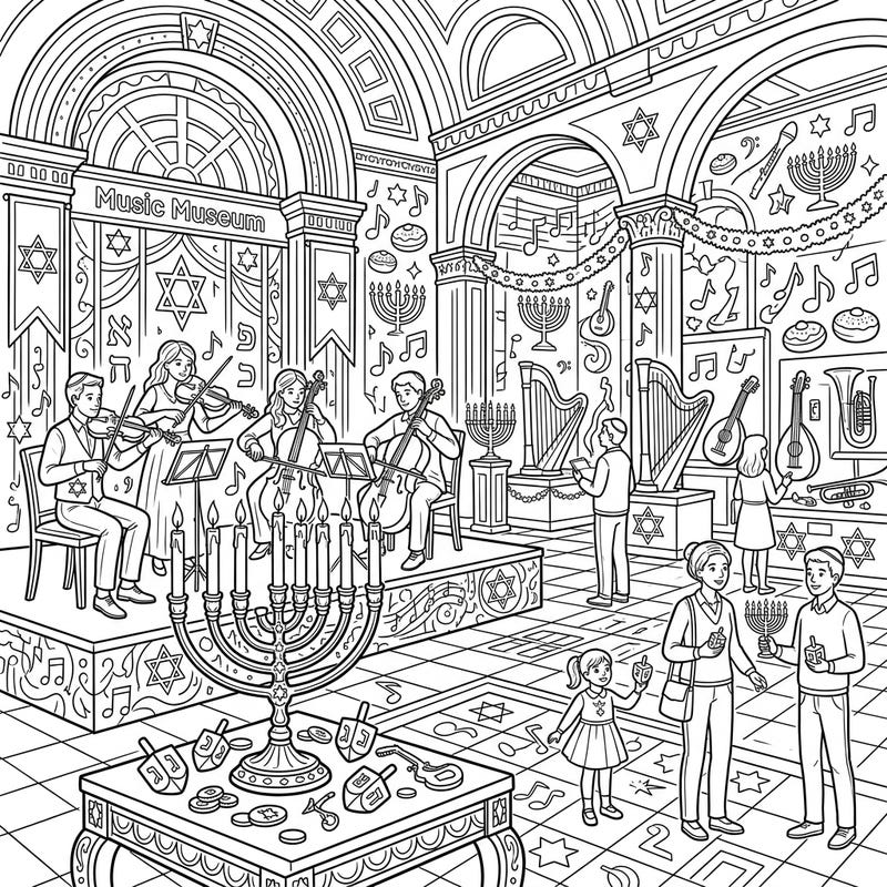 Immerse yourself in a joyful Hanukkah celebration set within the grand halls of a Music Museum. This intricate coloring page invites you to bring a vibrant scene of music, culture, and tradition to life.