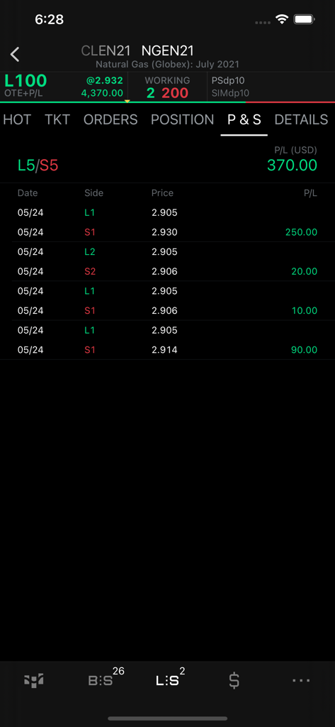 Interface do aplicativo móvel CQG mostrando o histórico de compras e vendas para negociação de futuros de gás natural