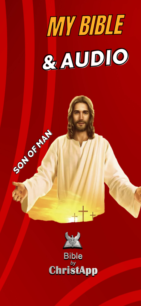 Bible: Read KJV, Study & Audio - Intro screen for My Bible and Audio app showing Jesus with outstretched hands and crosses on a red background