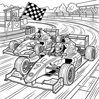 Experience the adrenaline of the racetrack with this dynamic coloring page featuring two speeding formula race cars. Get ready to add vibrant hues to this exciting scene of competitive motor racing.