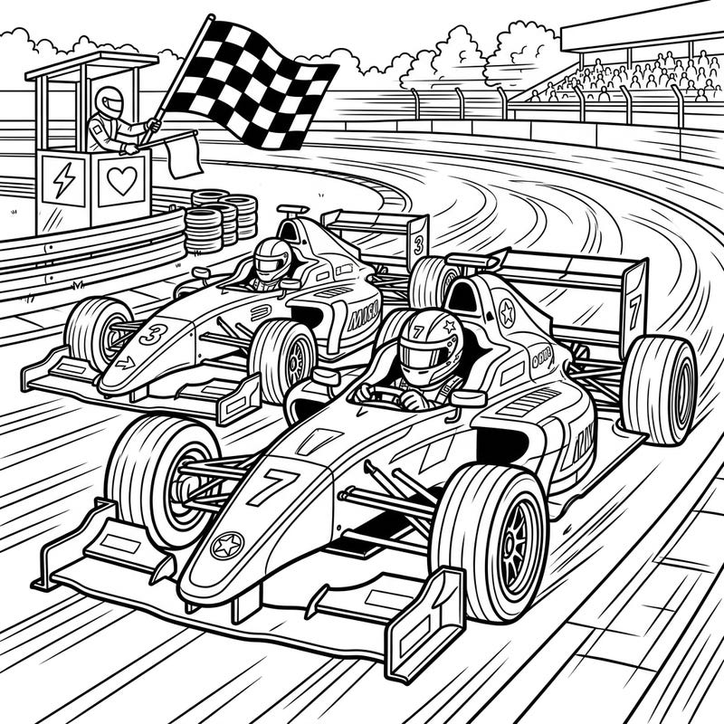 Experience the adrenaline of the racetrack with this dynamic coloring page featuring two speeding formula race cars. Get ready to add vibrant hues to this exciting scene of competitive motor racing.