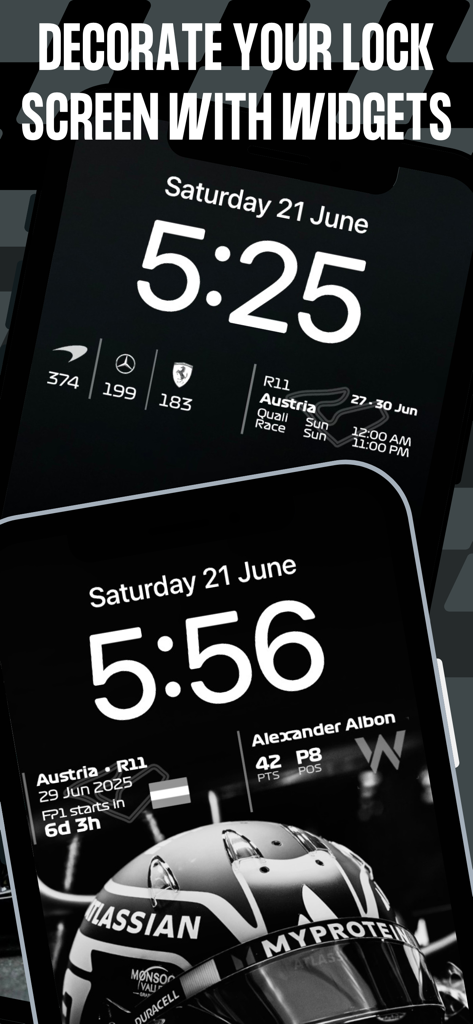 Two iPhones displaying Formula 1 lock screen widgets with race schedules, countdowns, and team standings.