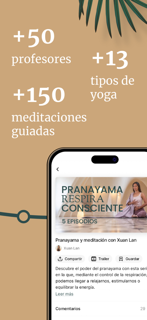 Xuan Lan Yoga y Bienestar - Xuan Lan Yoga app interface displaying a Pranayama breathing course and platform statistics for teachers and meditations