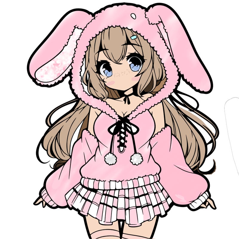 pretty anime girl wearing a fluffy hoodie with bunny ears on the hood and a skirt