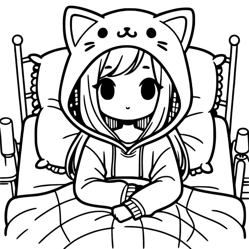 a girl wearing a cat hoodie in bed