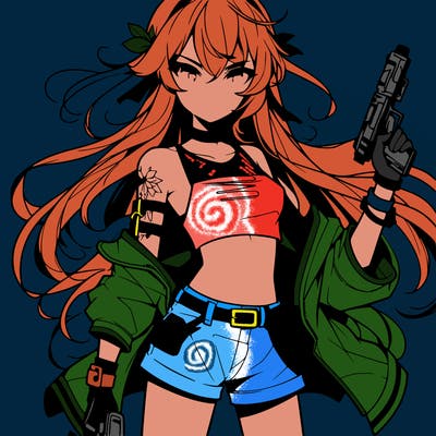 bad girl wearing crop top holding a gun long hair anime