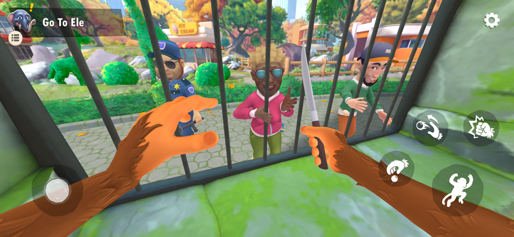 I Am Monkey - original game - First person view of a monkey in a zoo cage holding a knife while visitors look on