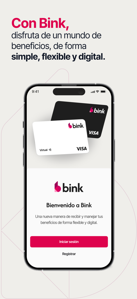 Bink Card - Pantalla de bienvenida de la aplicación Bink Card en un smartphone mostrando tarjetas virtuales de beneficios Visa.