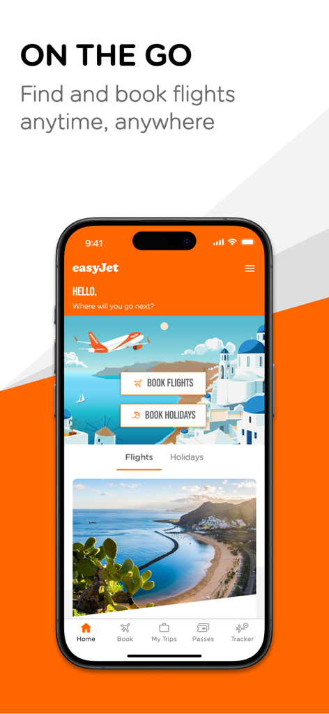 easyJetモバイルアプリのインターフェース。iPhoneにフライトやホリデーの予約オプションが表示されています。