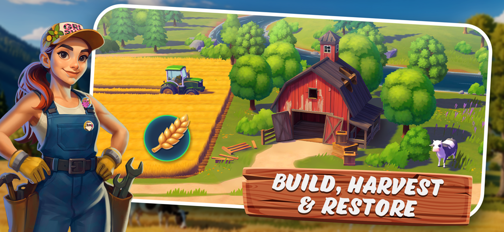 Big Farm Homestead - Una personaje granjera con un granero rojo y un campo de trigo dorado con un tractor al fondo