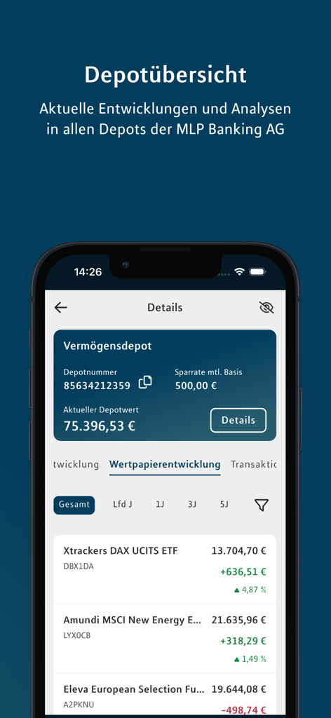 Financial Home - A detailed view of an investment portfolio in the MLP Financial Home app showing securities performance and total asset value.