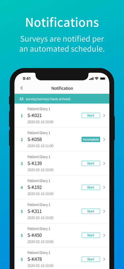 Capture d'écran de l'application LAB.cubePRO montrant une liste de notifications d'enquêtes d'essais cliniques automatisées et des journaux patients.
