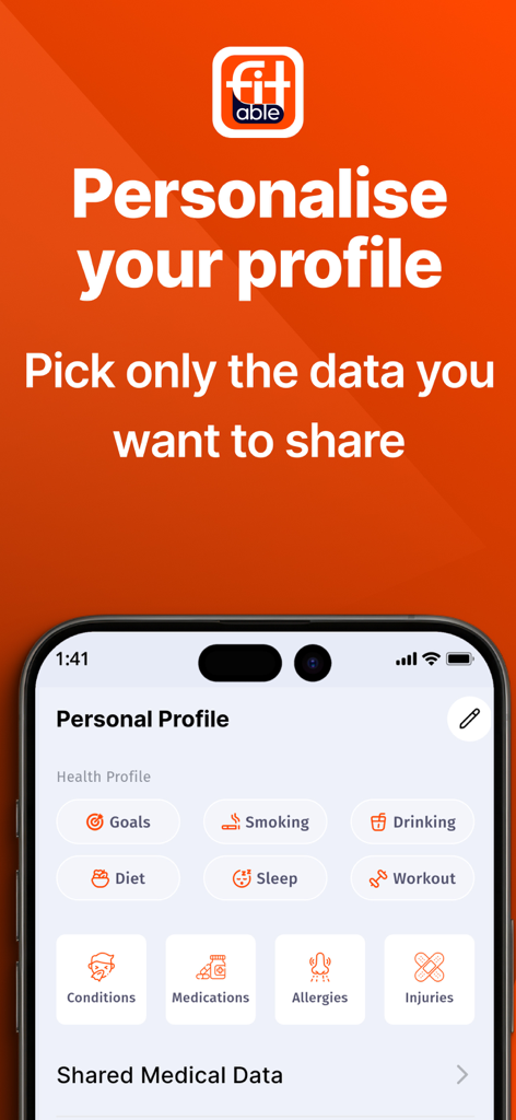 Fitable - Interfaz de la aplicación Fitable para personalizar el perfil de salud y controlar los datos médicos compartidos