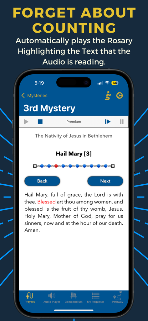 My Rosary (Audio) - My Rosary 앱 인터페이스, 세 번째 신비 표시, 오디오 플레이어 컨트롤 및 하이라이트된 기도 텍스트 포함
