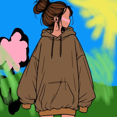 realistic girl with a oversized sweatshirt on and a bun
