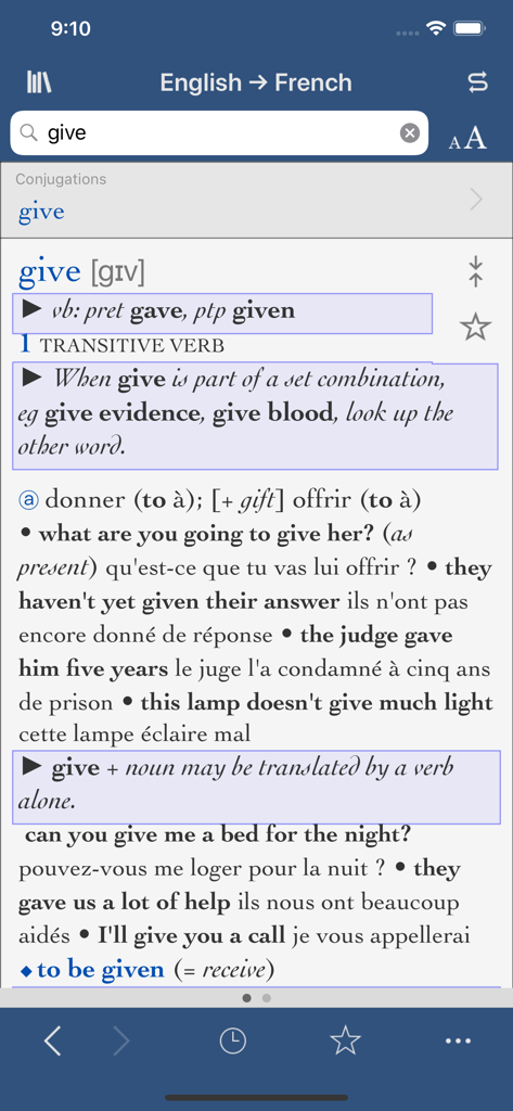 Ultralingua - Ultralingua mobile app showing an English to French dictionary entry for the word give with definitions and usage examples