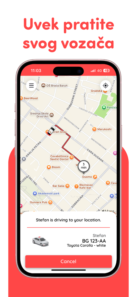 Rapid: Order a Ride - Interfaz de la aplicación de transporte Rapid que muestra un mapa con seguimiento del conductor en tiempo real y detalles de llegada.