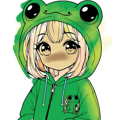 cute realistic girl in a froggy hoodie