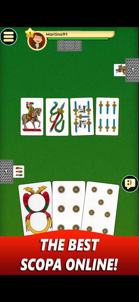 Scopa Online - Gioco di carte - Jugabilidad del juego de cartas Scopa Online para móviles con cartas italianas tradicionales sobre una mesa verde.