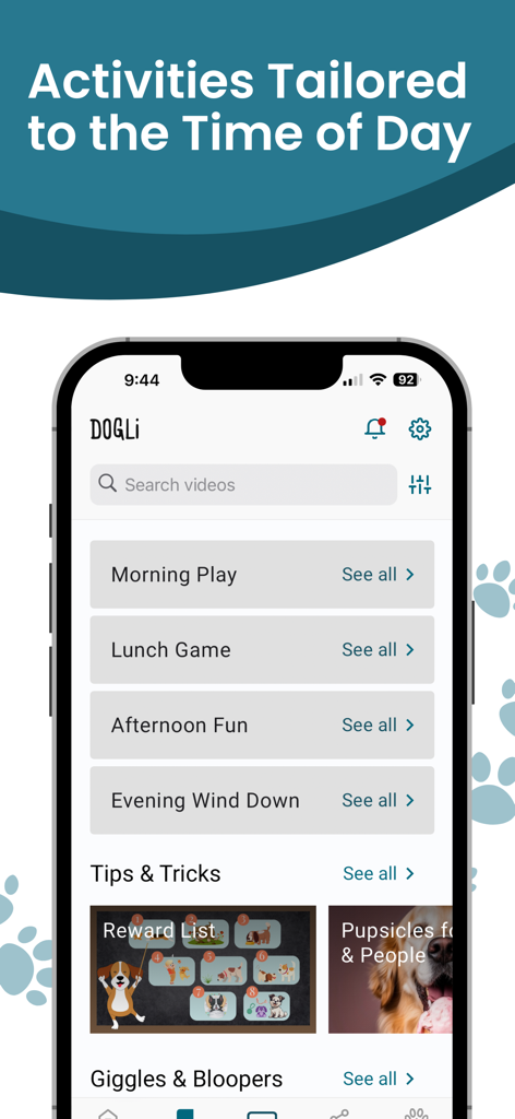 DOGLi - Dog Enrichment & Games - DOGLi app interface with dog enrichment activities for different times of day
