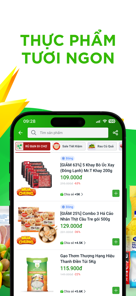 FPT Sendo Farm - Siêu thị - Pantalla de la aplicación móvil Sendo Farm que muestra alimentos frescos, incluida carne picada y dumplings, con opciones de compra grupal