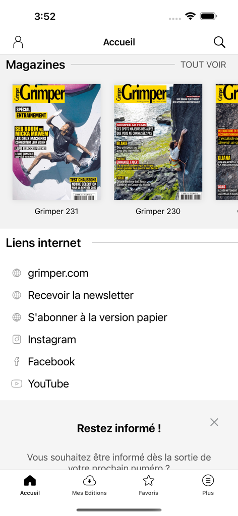 Grimper - The home screen of the Grimper app featuring digital climbing magazine issues and external links