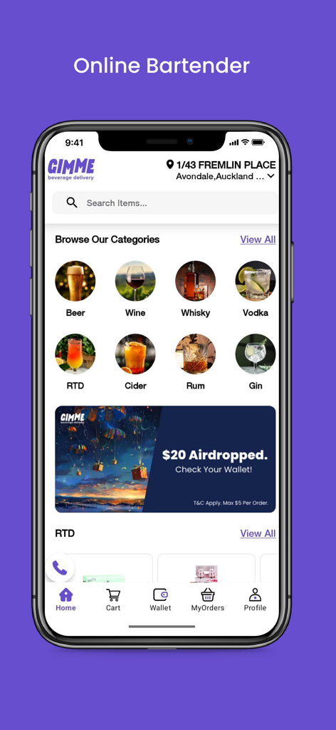 GIMME Drinks app home screen showing alcohol delivery categories