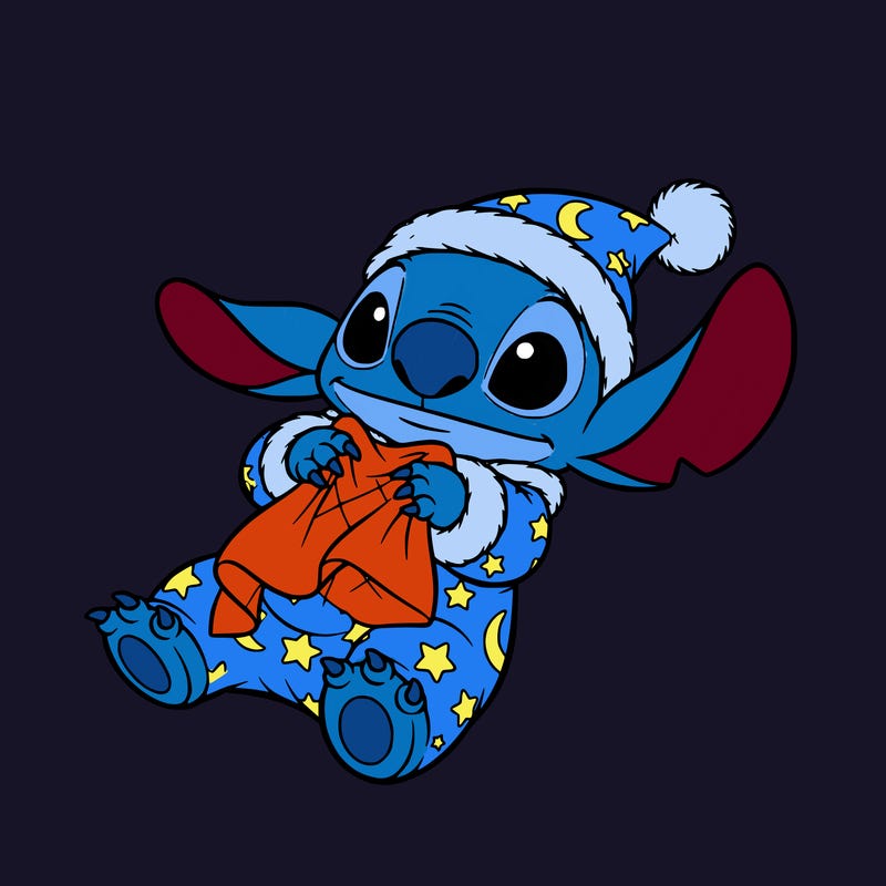 baby stitch wearing a sleeper and wearing a night cap holding a blanket
