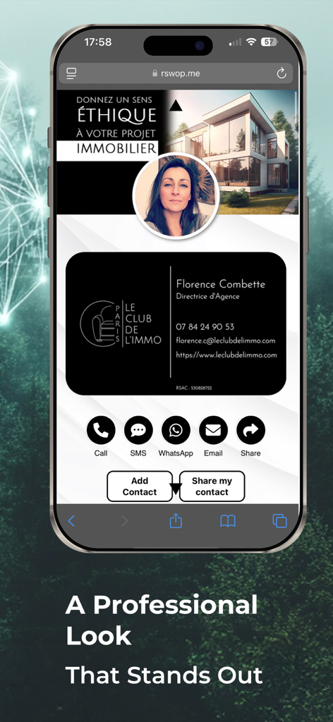 A professional digital business card for a real estate agent on a mobile screen showing contact details and quick action buttons