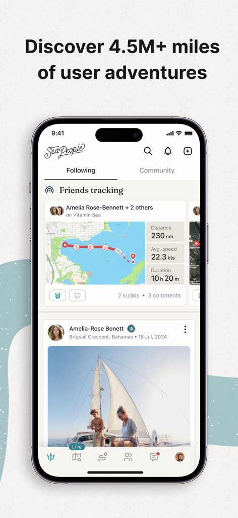 SeaPeople: Boat Travel Map - SeaPeople app interface displaying boat trip tracking stats and a community social feed with sailing photos.