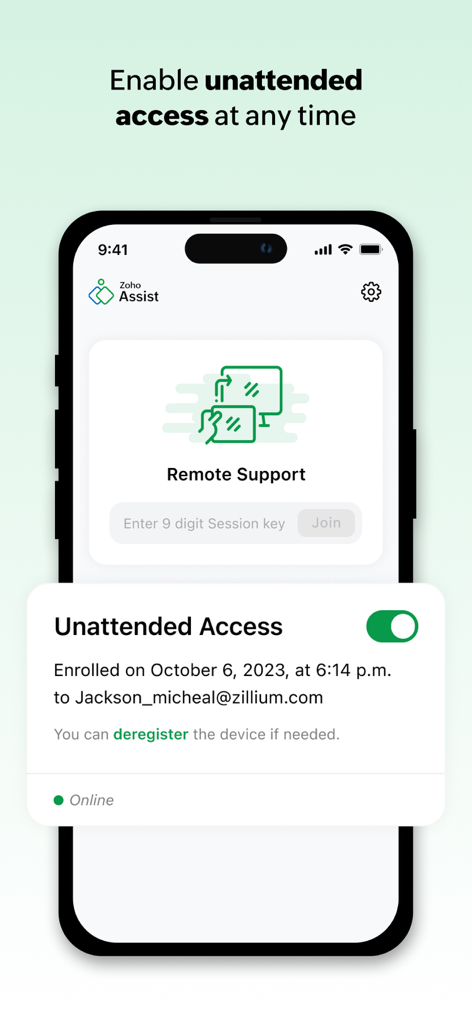 Zoho Assist mobile app screen showing the unattended access feature enabled with a toggle switch
