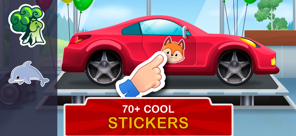 Kids Garage: Toddler car games - A red sports car being decorated with animal stickers in a kids' garage game interface