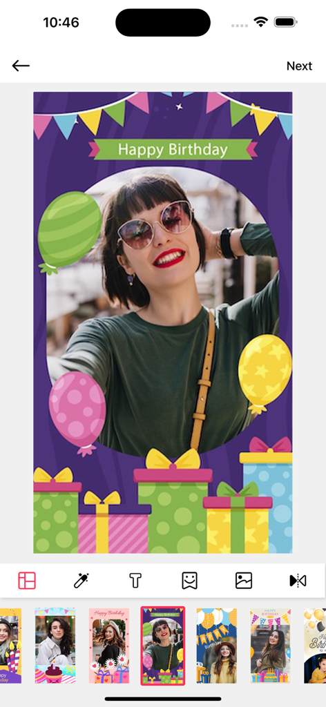 Birthday Photo Frames - Editor - Mobile app interface for Birthday Photo Frames Editor showing a festive birthday card template