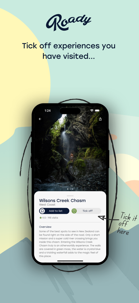 Roady app interface showing Wilsons Creek Chasm with a feature to tick off visited travel experiences