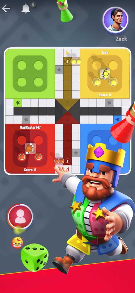 Ludo Royale: Dice Board Game - Interfaz de juego de mesa digital Ludo con un personaje de rey de dibujos animados y un dado verde rodando