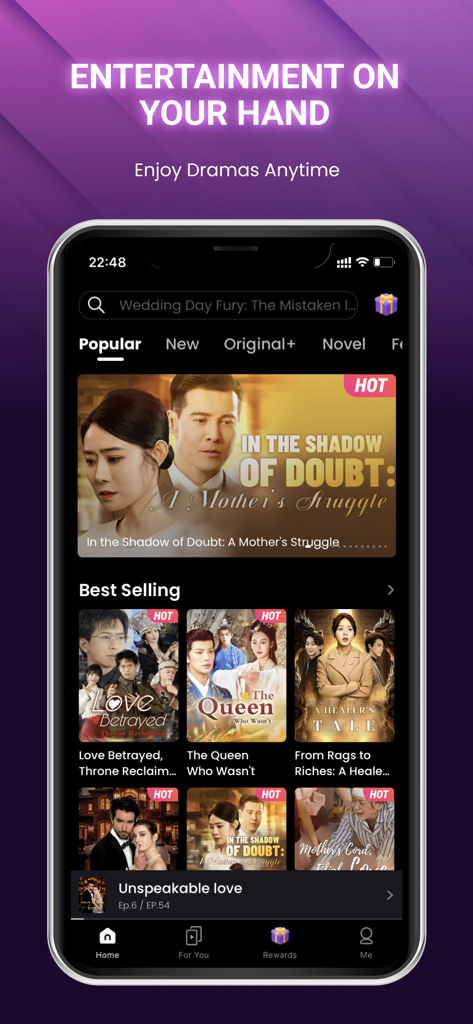 SnackShort app home screen displaying popular short dramas and best selling series on a smartphone interface