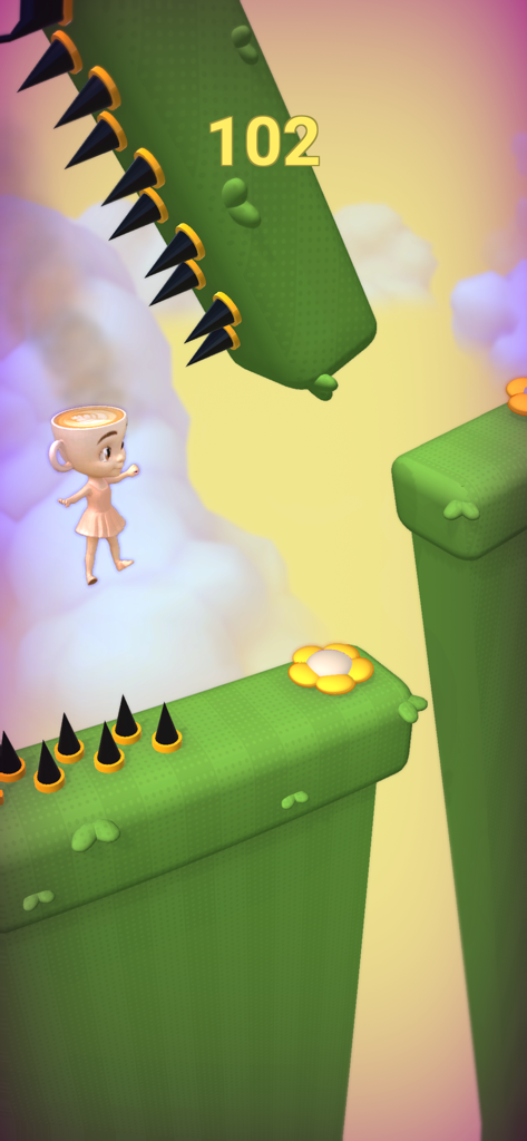 Ballerina Cappuccina - Ballerina character with a coffee cup head floating between green platforms with black spikes