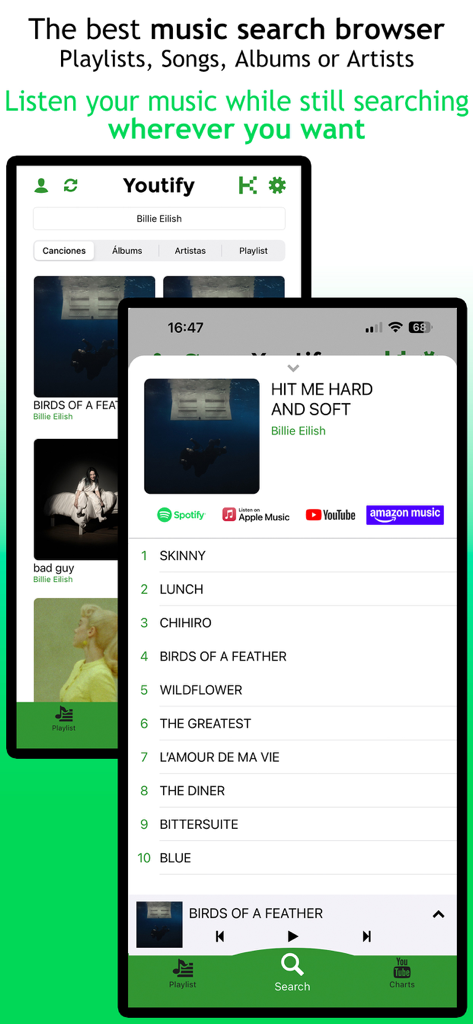 Youtify + for Spotify Premium - Interface der Youtify-App, das Suchergebnisse für Billie Eilish und integrierte Streaming-Plattformen wie Spotify und Apple Music zeigt.