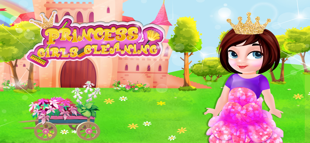 Little Princess House Cleaning - Title screen of Little Princess House Cleaning game featuring a princess in a pink dress and a royal castle