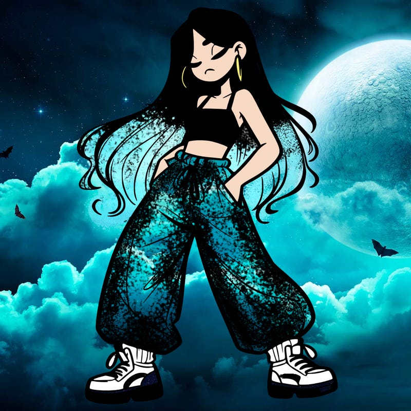 girl in baggy pants crop top and long hair