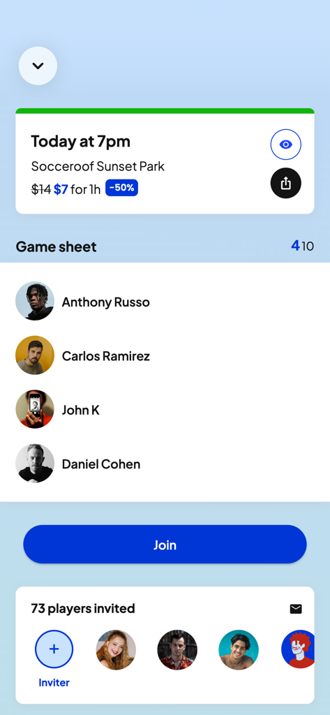Poteau - Interface of the Poteau app showing soccer match details at Socceroof Sunset Park with a list of players and a join button