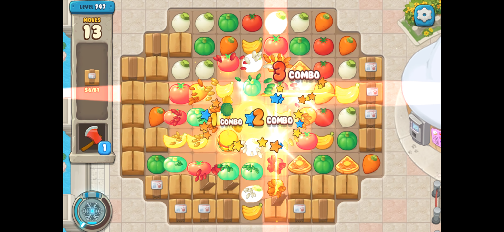 We Bare Bears Match3 Repairs - Captura de pantalla del juego We Bare Bears Match3 Repairs que muestra un tablero de acertijos match-3 con efectos de combo e íconos de verduras.