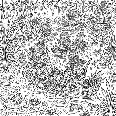 Embark on an epic journey with these mischievous Swamp Goblins navigating their watery domain. Designed with intricate details, this coloring page offers a thrilling creative escape for teens.