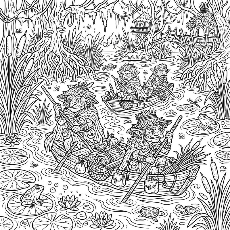 Embark on an epic journey with these mischievous Swamp Goblins navigating their watery domain. Designed with intricate details, this coloring page offers a thrilling creative escape for teens.
