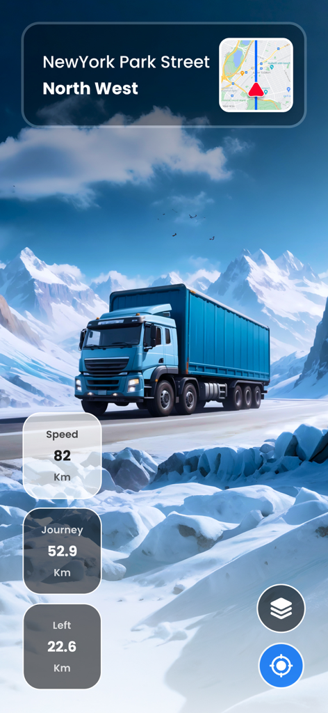 TruckMap.AI - Truck GPS Routes - Écran de navigation GPS TruckMap AI montrant un camion dans des montagnes enneigées avec des statistiques de conduite