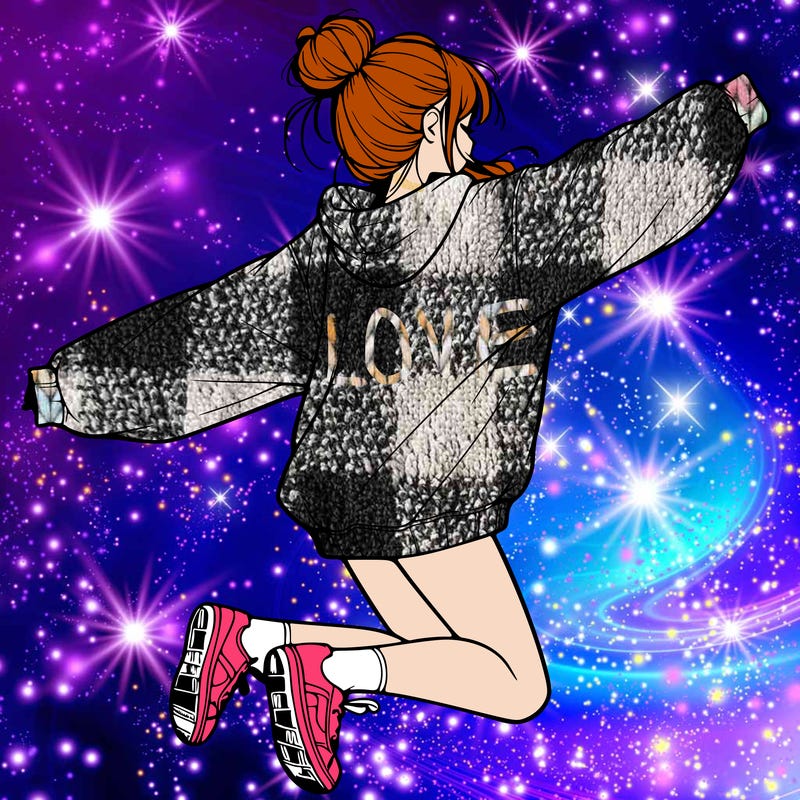 realistic girl jumping with a bun and oversized sweatshirt