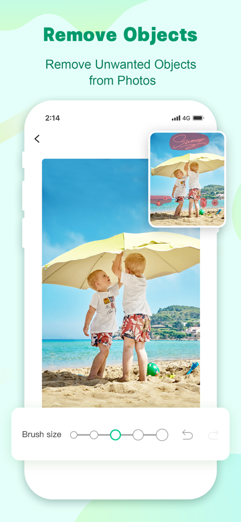 Apowersoft: Background Eraser - Interface of Apowersoft Background Eraser app demonstrating how to remove unwanted objects from a photo of children on a beach