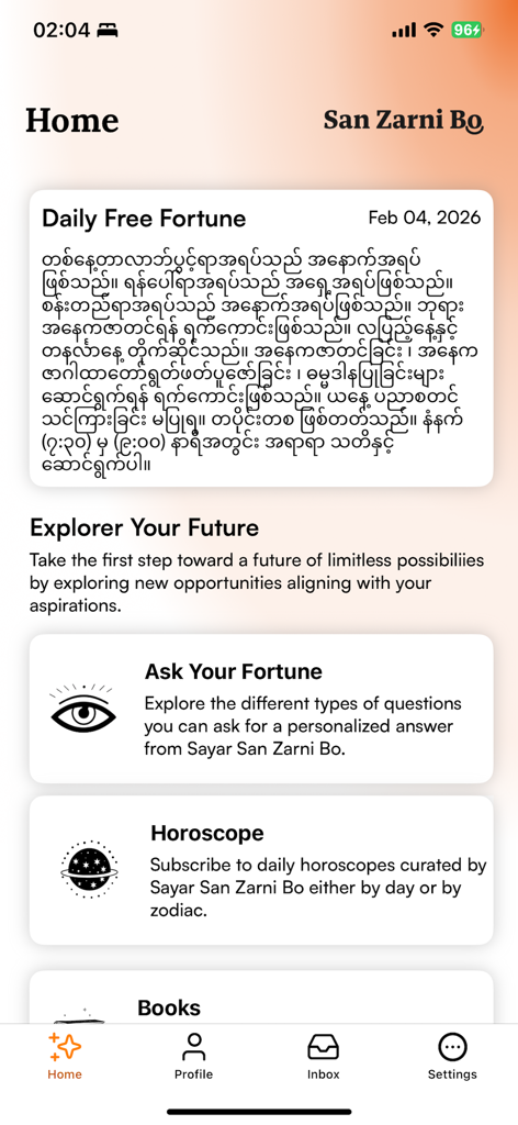 Pantalla de inicio de la aplicación Sanzarnibo Astrology mostrando una fortuna diaria gratuita en birmano y opciones de menú para horóscopos y fortunas personalizadas.