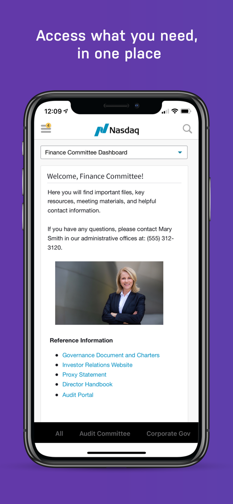 The Nasdaq Boardvantage mobile app interface displaying a finance committee dashboard with links to governance documents and meeting materials